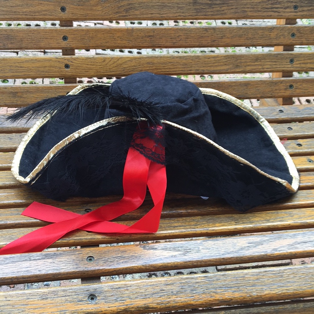 Black lace Red ribbon Gold trim costume hat 4” wide brim party Halloween cap